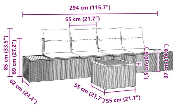 5 darabos Kert Kanapé Szett Párnákkal Fekete Polirattan Akác