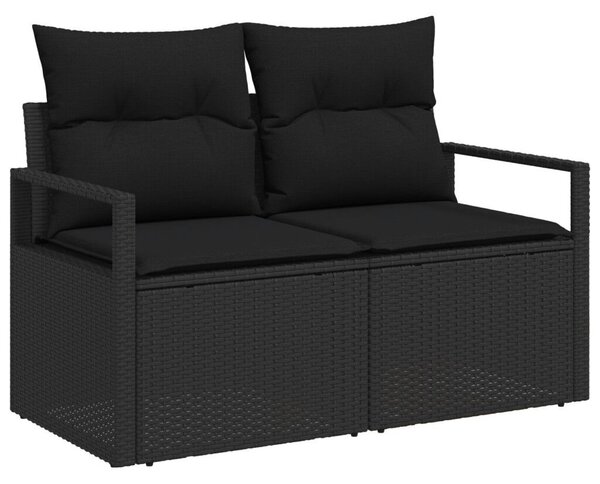 8 részes kerti kanapé szett párnákkal fekete poli rattan akácia, 2 személyes kerti kanapé párnákkal fekete poli rattan
