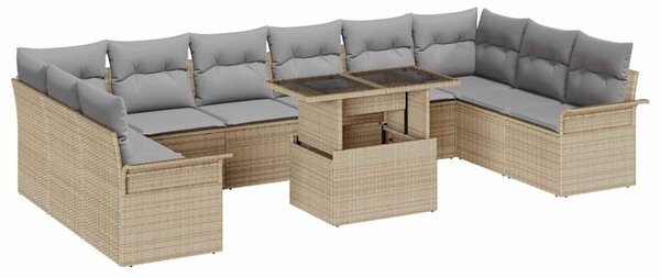11 Darabos Kert Sofa Készlet Párnákkal Bézs Poli Rattan, 2 Személyes Kert Sofa Tárolóval és Párnákkal Bézs Poli Rattan