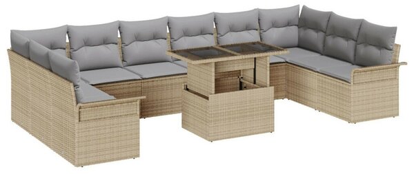11 Darabos Kert Sofa Készlet Párnákkal Bézs Poli Rattan, 2 Személyes Kert Sofa Tárolóval és Párnákkal Bézs Poli Rattan