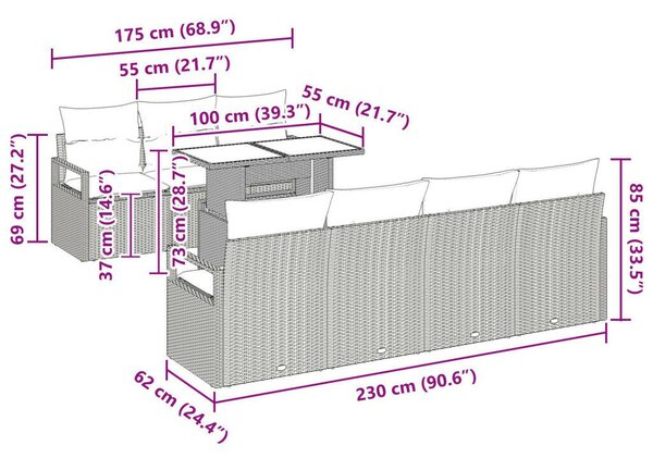 8 részes Kerti Kanapé Szett Párnákkal Barna Poli Rattan, 2 személyes Kerti Kanapé Párnákkal Barna Poli Rattan