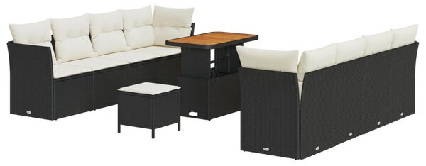 11 részes kerti kanapé szett párnákkal fekete poli rattan akáccal, 3 részes kerti étkező szett párnákkal fekete poli rattan akáccal