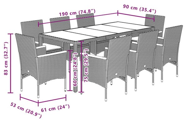 9 részes fekete polyrattan/üveg kerti étkezőgarnitúra párnákkal