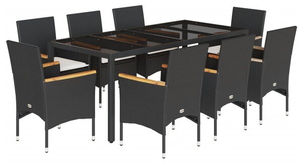 9 részes fekete polyrattan/üveg kerti étkezőgarnitúra párnákkal