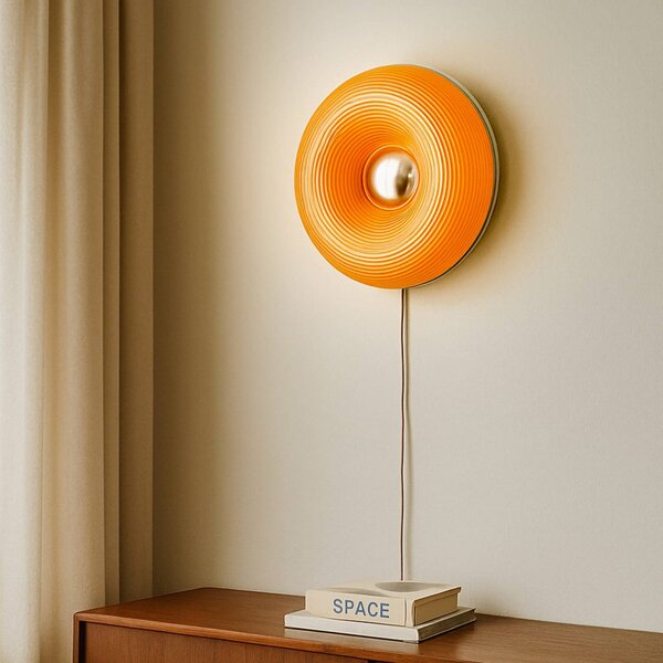 Lindby LED asztali/fali lámpa Fjora, narancssárga/króm, Ø30cm, dimmelhető, dimmelhető, Sárga / narancssárga, Nappali / Étkező, Üveg, Dizájn
