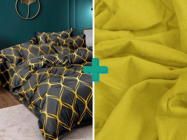 OMAHA mikroszálas ágynemű fekete + jersey lepedő 90x200 cm sárga
