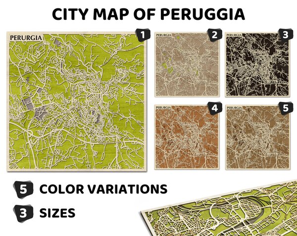 Perugia 3D fa várostérkép fali dekoráció – Natura Products