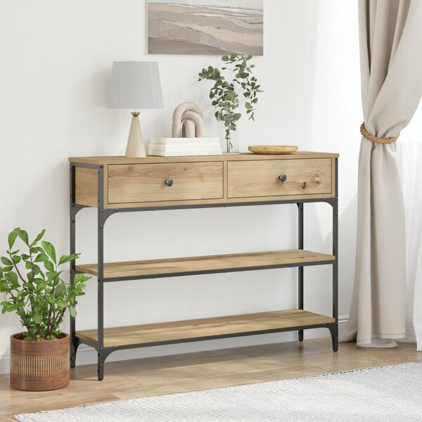 Konsole asztal Művészi tölgy 100x25x75 cm Szerelt fa &amp; acél