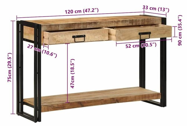 Konzolasztal 120x33x75 cm Tömör rusztikus mangófából