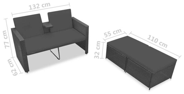 Polyrattan Kerti Bútorszett - 3 részes - Fekete