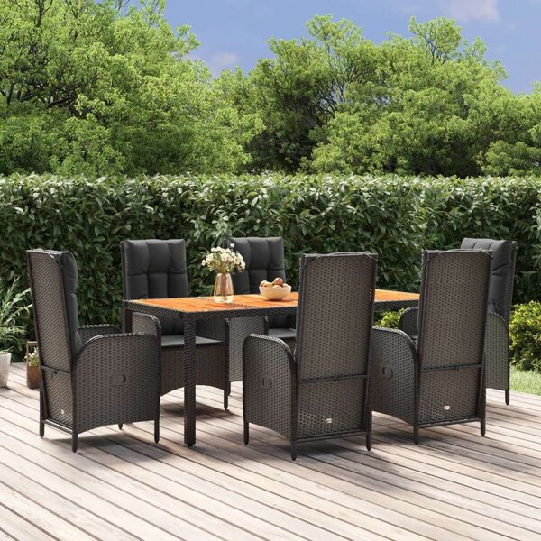 VidaXL 7 részes fekete polyrattan kerti étkezőgarnitúra párnával