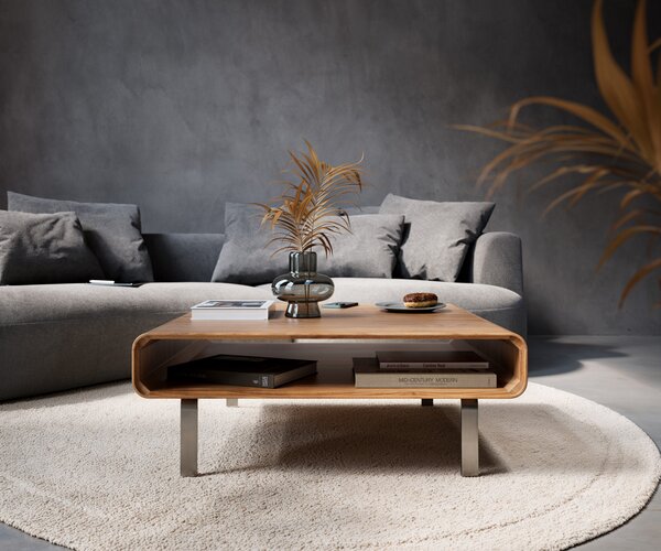 DELIFE Dohányzóasztal Anaya 90x90 cm akác természetes 1 rekesz L alakú láb rozsdamentes acél
