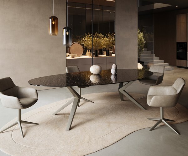DELIFE Étkezőasztal Edge ovális 280x130 domborított üveg füstfekete 3D design Zenthara szögletes fém titán effektfinish
