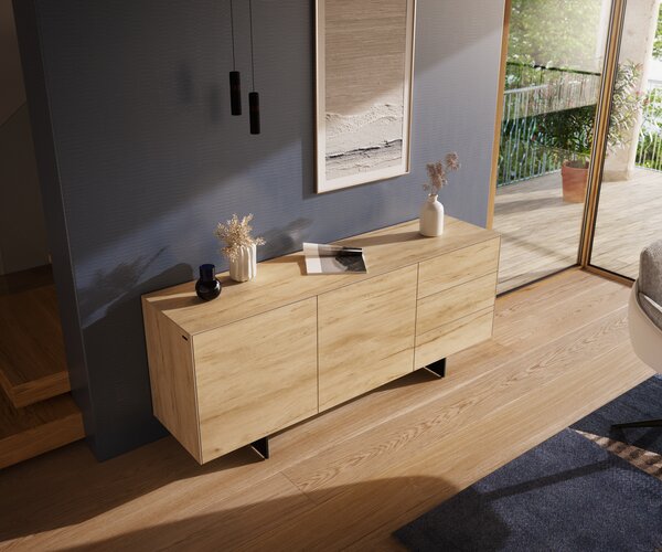 DELIFE Komód Cuor 180 cm kerámia Laminam® Sabbia tölgyszínű 2 ajtós 3 fiókos lebegő fém láb fekete
