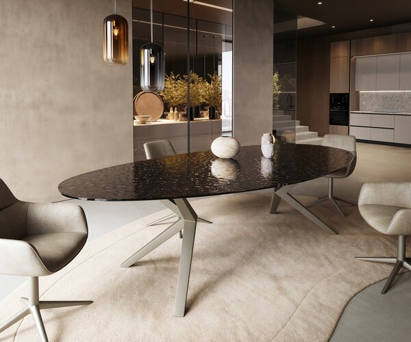DELIFE Étkezőasztal Edge ovális 280x130 domborított üveg füstfekete 3D design Zenthara szögletes fém titán effektfinish