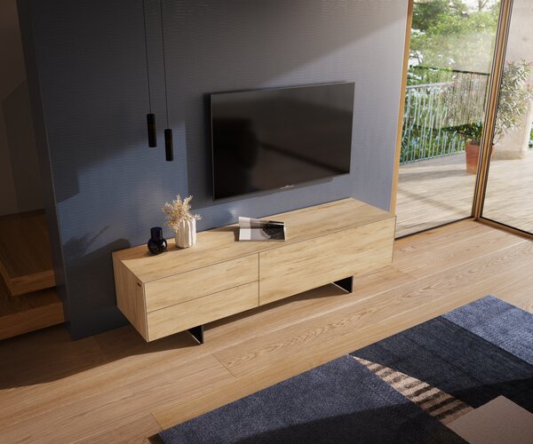 DELIFE TV szekrény Cuor 180 cm kerámia Laminam® Sabbia tölgyszínű 1 billenő ajtó 2 fiókos láb lebegő fém fekete