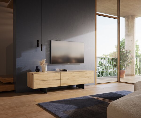 DELIFE TV szekrény Cuor 180 cm kerámia Laminam® Sabbia tölgyszínű 1 billenő ajtó 2 fiókos láb lebegő fém fekete