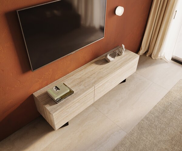 DELIFE TV szekrény Cuor 180 cm kerámia Laminam® Travertino Bianco krémfehér 1 billenő ajtó 2 fiókos lebegő fém láb fekete