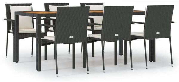 7 részes fekete polyrattan kerti étkezőgarnitúra párnával