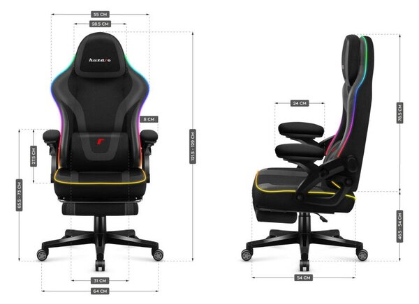 Gamer szék RGB smart , szövet, lábtartó, LED világítással, fekete