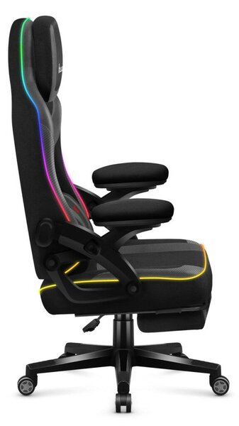 Gamer szék RGB smart , szövet, lábtartó, LED világítással, fekete