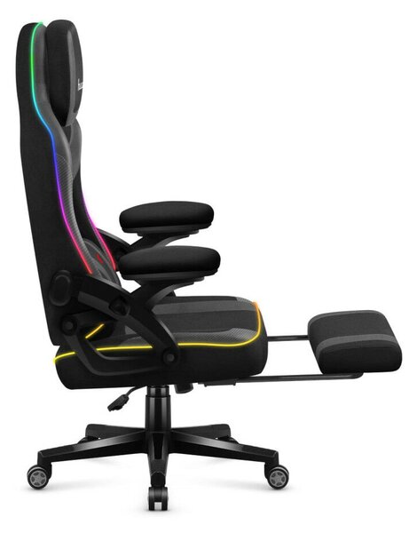 Gamer szék RGB smart , szövet, lábtartó, LED világítással, fekete