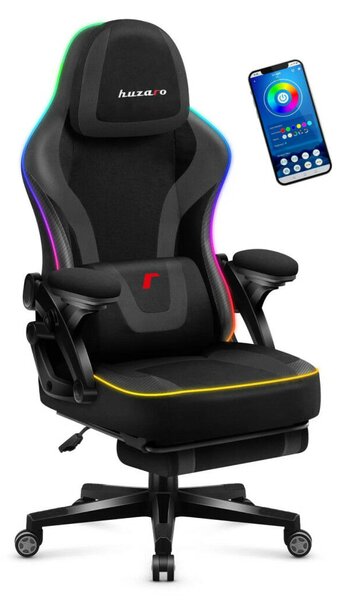 Gamer szék RGB smart , szövet, lábtartó, LED világítással, fekete