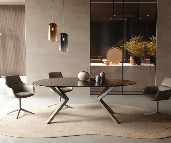 DELIFE Étkezőasztal Edge ovális 220x120 domborított üveg füstfekete 3D design Zenthara szögletes fém titán színű effekt finish