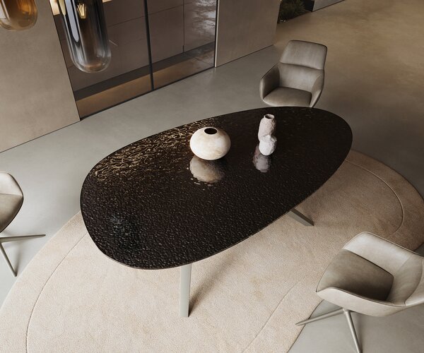 DELIFE Étkezőasztal Edge ovális 220x120 domborított üveg füstfekete 3D design Zenthara szögletes fém titán színű effekt finish