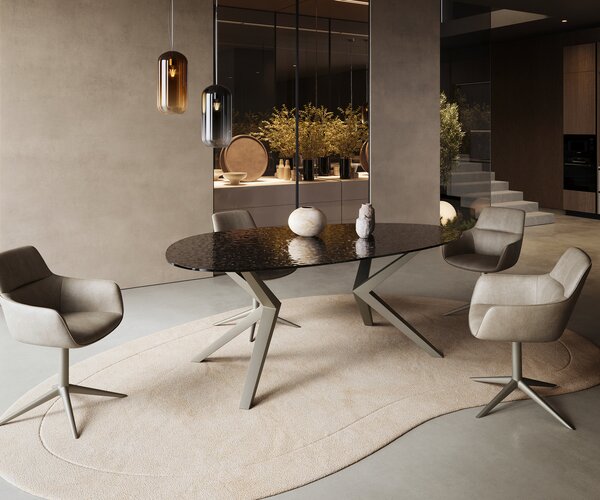 DELIFE Étkezőasztal Edge ovális 220x120 domborított üveg füstfekete 3D design Zenthara szögletes fém titán színű effekt finish
