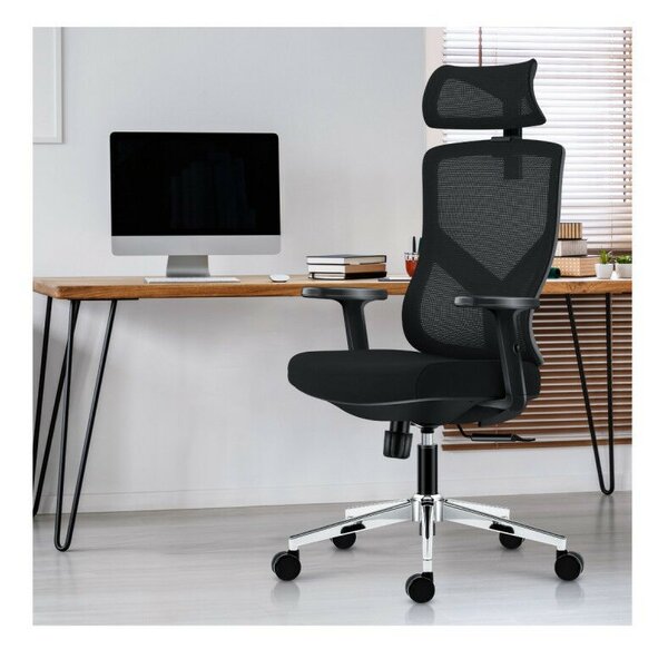 Ergonomikus irodai forgószék, állítható magasság, fejtámla és deréktámasz, hálós anyag, fekete