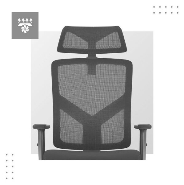 Ergonomikus irodai forgószék, állítható magasság, fejtámla és deréktámasz, hálós anyag, fekete