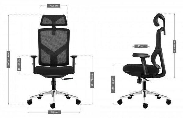 Ergonomikus irodai forgószék, állítható magasság, fejtámla és deréktámasz, hálós anyag, fekete