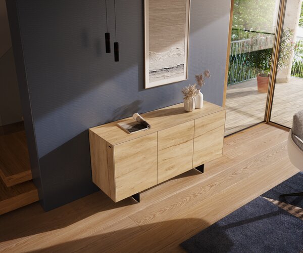 DELIFE Komód Cuor 150 cm kerámia Laminam® Sabbia tölgyszínű 3 ajtós lebegő fém láb fekete