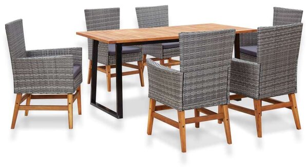 7 részes szürke polyrattan és akácfa kültéri étkezőszett