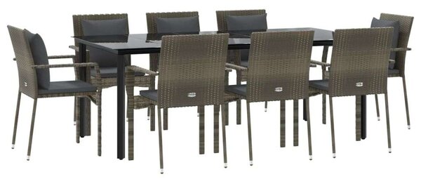 Polyrattan Kerti Étkezőgarnitúra - 8 Szék + Asztal - Fekete/Szürke