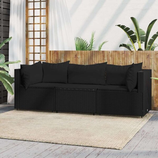 VidaXL 3 részes fekete polyrattan kerti ülőgarnitúra párnákkal