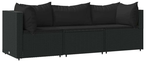VidaXL 3 részes fekete polyrattan kerti ülőgarnitúra párnákkal