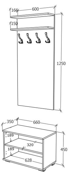 Como előszobafal, Antracit / Fehér, 66 cm