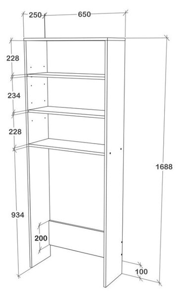 Fyn mosógép feletti polc, Fehér, 65 x 25 x 170 cm