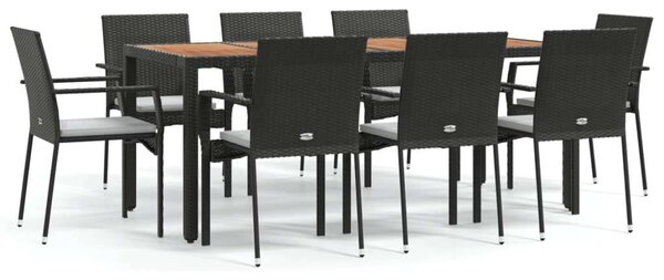 VidaXL 9 részes fekete polyrattan kerti étkezőgarnitúra párnákkal