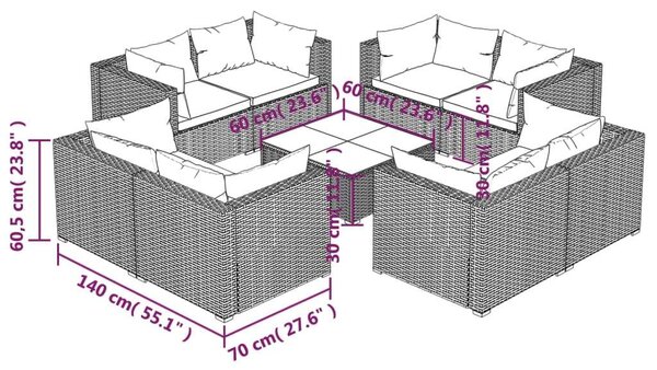 VidaXL Polyrattan Kerti Ülőgarnitúra - 9 részes - Fekete