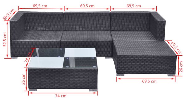 Polyrattan Kerti Ülőgarnitúra - 5 részes - Fekete