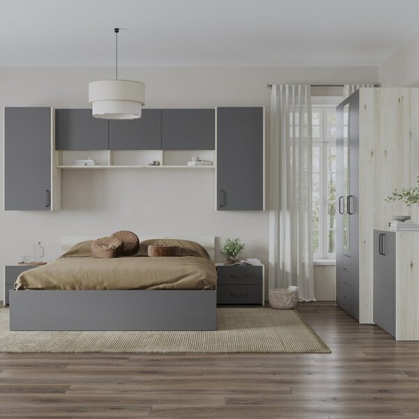 Malmo V14 hálószoba szett 140 x 200 cm-es ággyal, Fehér tölgy / Antracit
