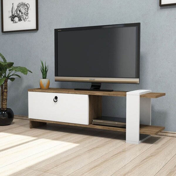 Modern TV állvány, tárolórésszel, fehér-diófa - ISLANDE