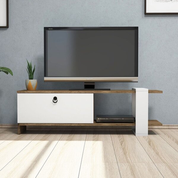 Modern TV állvány, tárolórésszel, fehér-diófa - ISLANDE