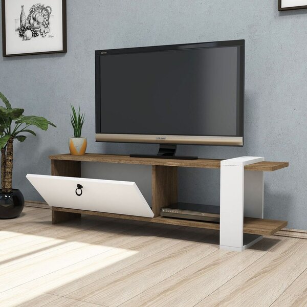 Modern TV állvány, tárolórésszel, fehér-diófa - ISLANDE