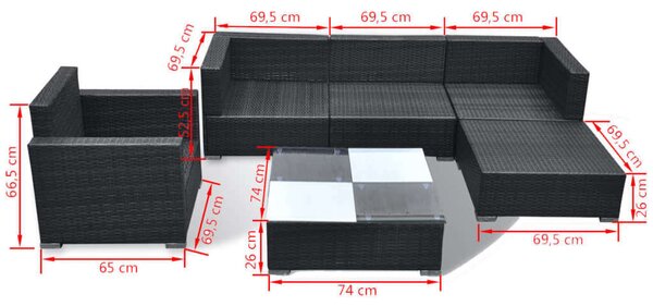 Polyrattan Kerti Ülőgarnitúra - 6 részes - Fekete