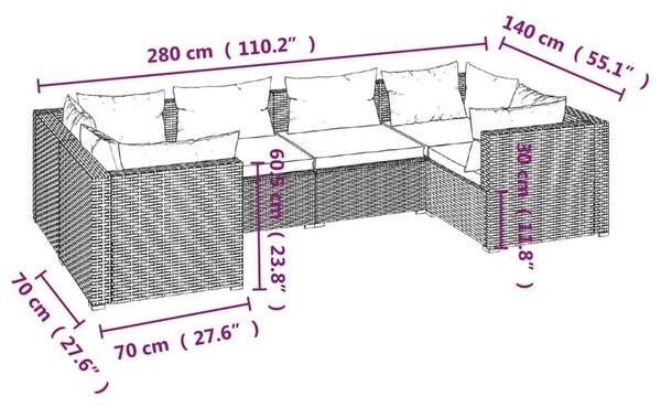 Polyrattan Kerti Ülőgarnitúra - 6 részes - Szürke