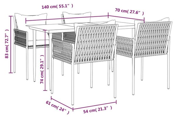 VidaXL 5-részes polyrattan és acél kerti étkezőgarnitúra párnával